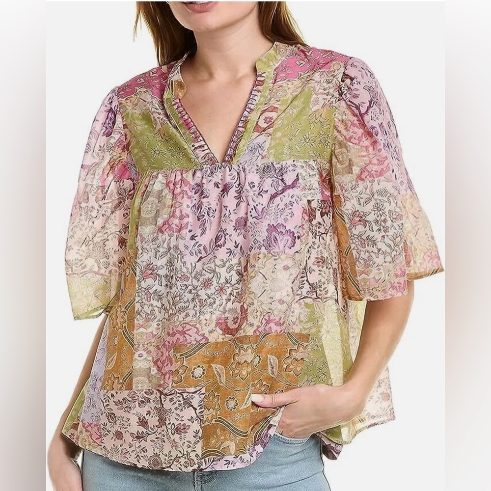 Johnny Was JADE Cotton Silk Patchwork Floral Bell Sleeve Blouse L